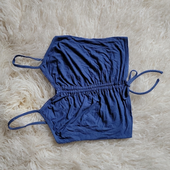 Caution to the Wind Ruched Drawstring Front Spaghetti Strap Ribbed Camisole Blue - Picture 1 of 6